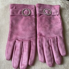 Ladies Gloves Pink Faux Suede With Rhinestone Circle Accent Size M