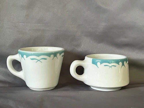 2 Vtg MCM CARIBE Restaurant China Airbrushed Aqua Border Coffee MUG & CUP - NOS