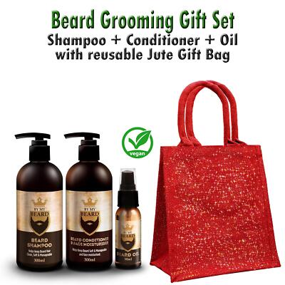 Weihnachten Männer Geschenkset von My Beard Shampoo Conditioner Öl + rote Jute Geschenktüte