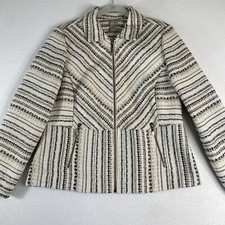 CHICOS Tweed Jacket Blazer Size 1 Med/8 White Black Full Zip Striped