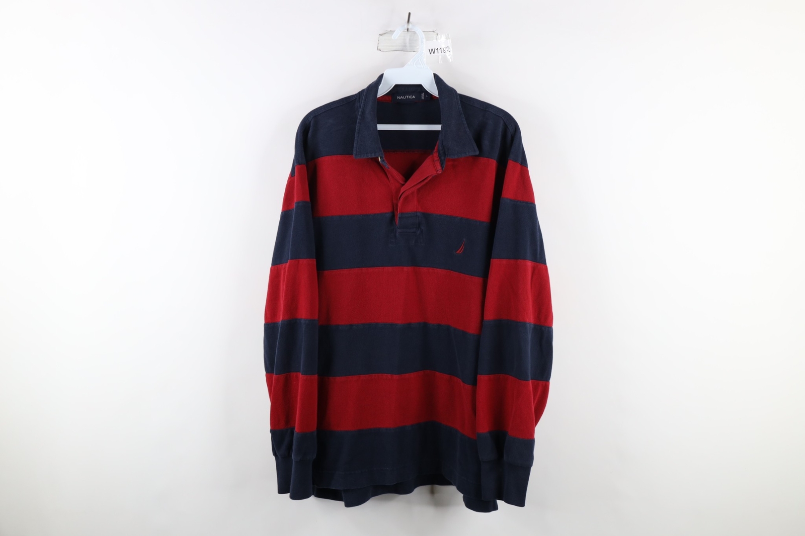 Vtg Nautica Mens Large Faded Striped Color Block Long Sleeve Rugby Polo Shirt