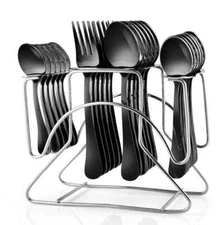 24 Pcs/Set Cutlery Set, Blossom Royal Balck Spoon with Stand Tableware Set