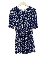 Whistles Mini Dress Size 10 Bow Print Navy Blue Short Sleeves Zip Back Lined