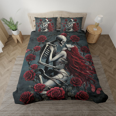 3D Gothic Skull Couple Bedding Set, Skeleton Couple Soft Bedding Set (Style 1)