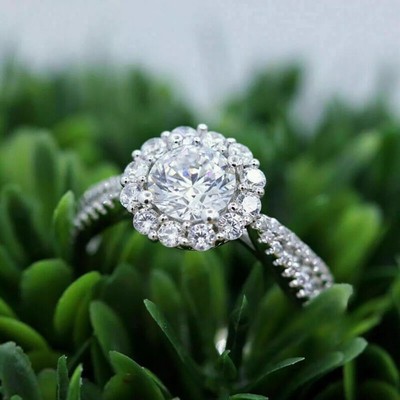 2 Carat Excellent Round Cut Moissanite Halo Engagement Ring Solid 14k White Gold