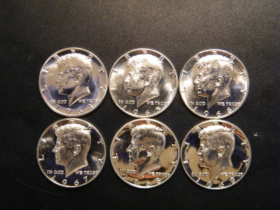 1964 1965 1966 1967 1968 S 1969 S Kennedy Prueba Medio Dólar 6 Monedas Juego Plata EE. UU. Foto 4 de 4