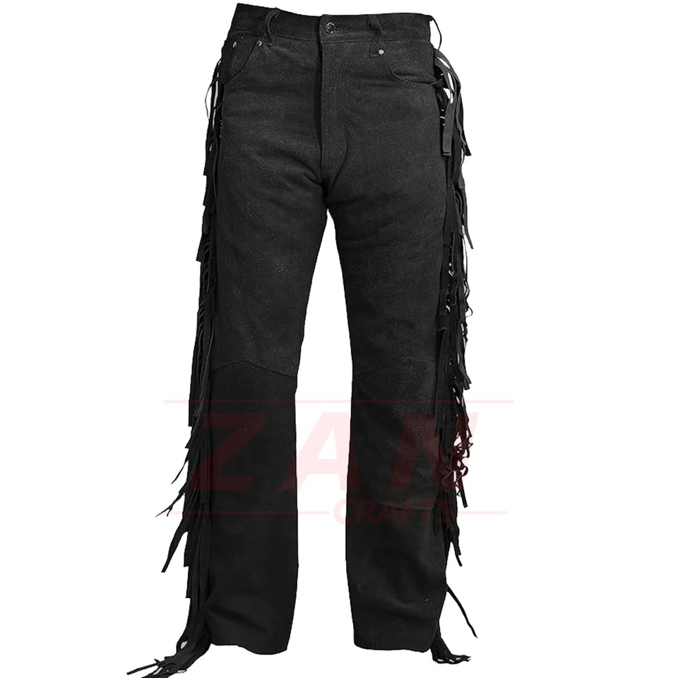 Suede Leather Fringes Pant Western Cowboy Black Real Suede Fringed