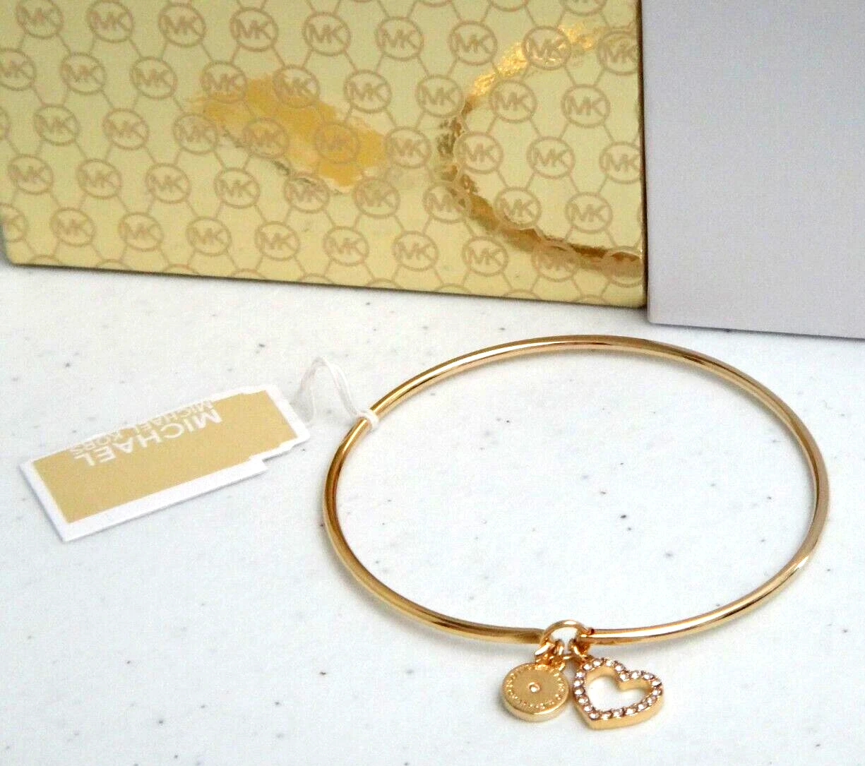 Michael Kors 2 Ciondoli Logo & Cuore Oro Giallo Gancio & Bracciale Cristalli +SCATOLA
