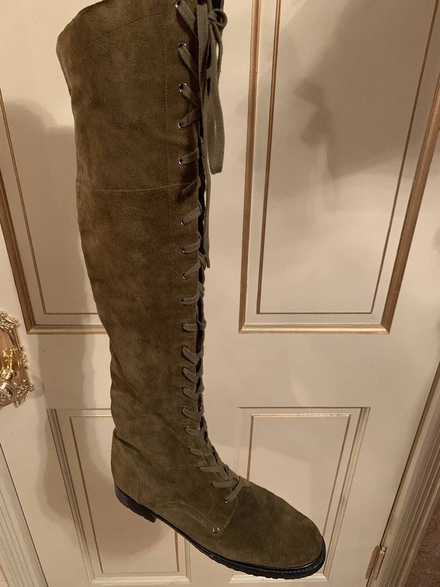 Via Spiga Over the Knee Lace Up Boots Green Suede Size 10.5