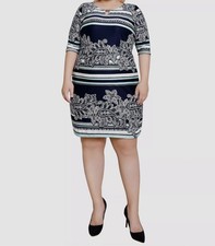 NY Collection Women's Blue Elbow Sleeve Border-Print Dress Plus Size 3X