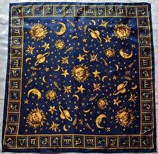 SCARF VINTAGE AUTHENTIC ASTROLOGY ZODIAC HOROSCOPE MOON BLUE SILK 34" SQUARE
