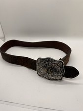 Kids Western Tooled Brown Leather Belt Bull Rider Silver Gold Buckle Cowboy 29  
