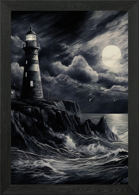 Lighthouse in the storm Framed Wall Art Poster Canvas Print Picture