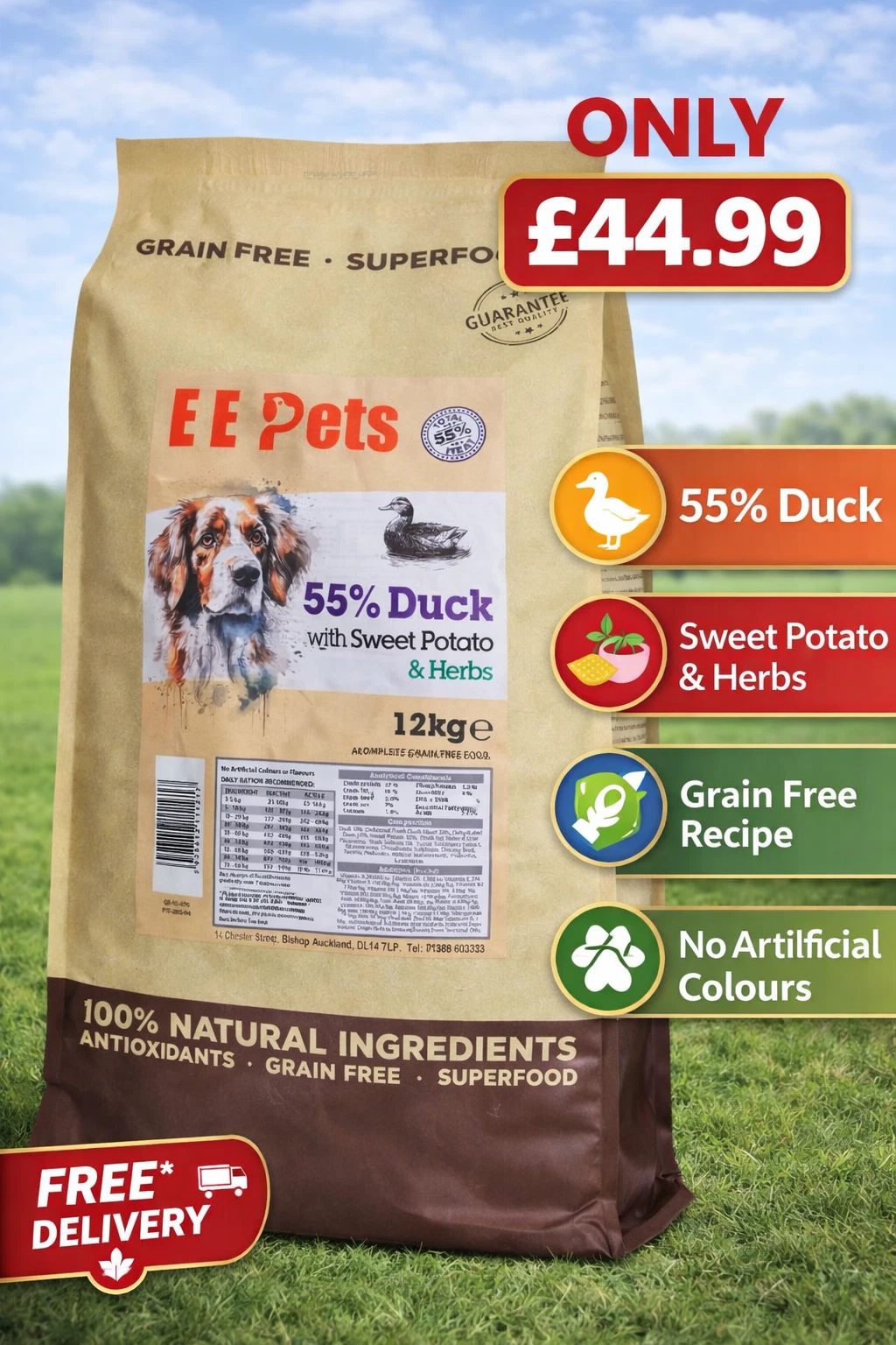 EE Pets Duck Dog Food 12kg Grain Free 55% Duck with Sweet Potato & Herbs Premium