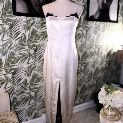 Fleur du Mal Ivory Satin Slip Dress Black Lace Trim Bias Midi Womens Size 8