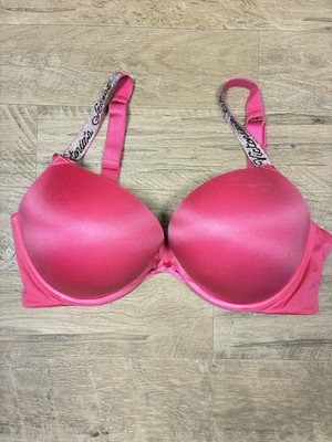 Victoria Secret Satin Bombshell Plunge Logo Rhinestone Strap Bra Pink 36 D