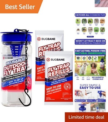 Reusable Hanging Fly Trap with 2 Bait Refills - Effective Outdoor Solution