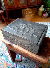 Arts & Crafts Pewter Repousse Relief Decorated Box, Hand Made, Floral Inlay