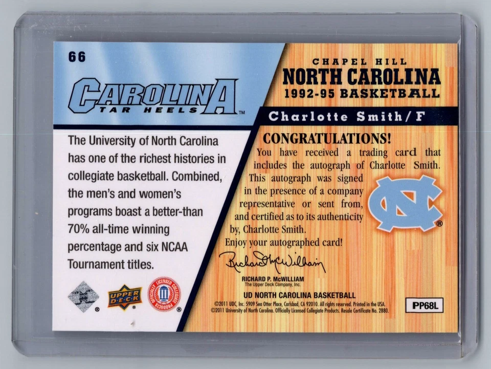 2010-11 Upper Deck North Carolina Tar Heels #66 Charlotte Smith UNC Auto - Image 2 of 2