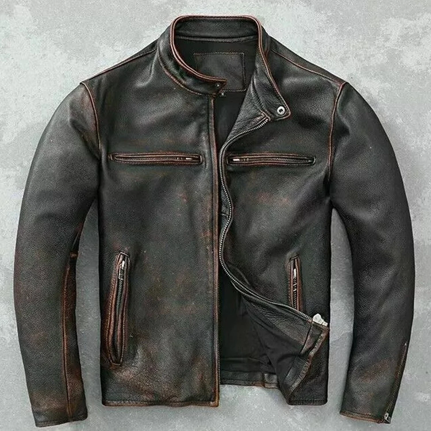 Men’s Distressed Black Leather Cafe Racer Motorcycle Biker Jacket