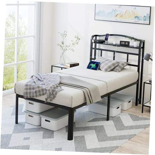 Twin Bed Frame with Storage Headboard and USB Charging Station, Easy Assembly, Sturdy Solid Wood Construction-image