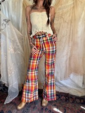 Vintage 60s 70s Orange Plaid Flare Bell Bottom Pants 28 Waist