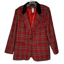Vintage Sag Harbor Red Tartan Plaid Wool Blend Blazer Jacket Size 14
