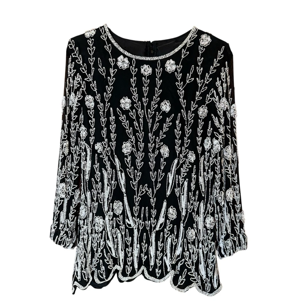Blusa Top Vintage Negra Blanca Con Cuentas Lentejuelas Transparente Manga Larga Noche Formal Foto 2 de 4
