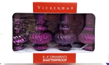 VICKERMAN Shatterproof Plum FINIAL Ornaments, Box of 8. Glitter, 4" ASSORTMENT.