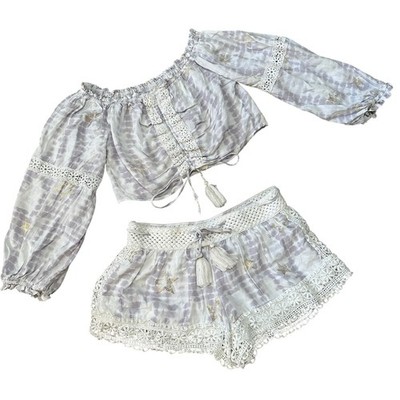 Surf Gypsy Baby Doll Top Short Set S/M Crochet Tie Dye Stars Lavender White