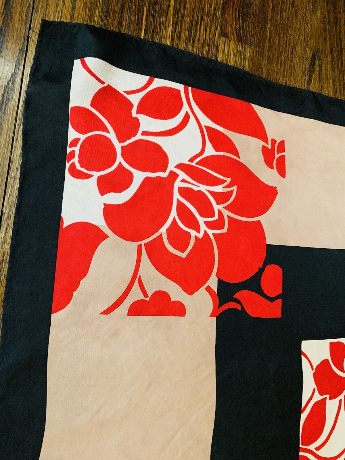 RARE Vintage JoAnn Wild Silk Scarf Red Floral Design Hand Rolled 30x30” Japan