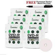 600 Smartbuy 16X DVD-R 4.7GB White Inkjet Hub Printable Disc + Black Fine Marker
