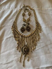 3 Pc Victorian Revival Suite Necklace Bracelet Earrings Gold Black Goth Mourning