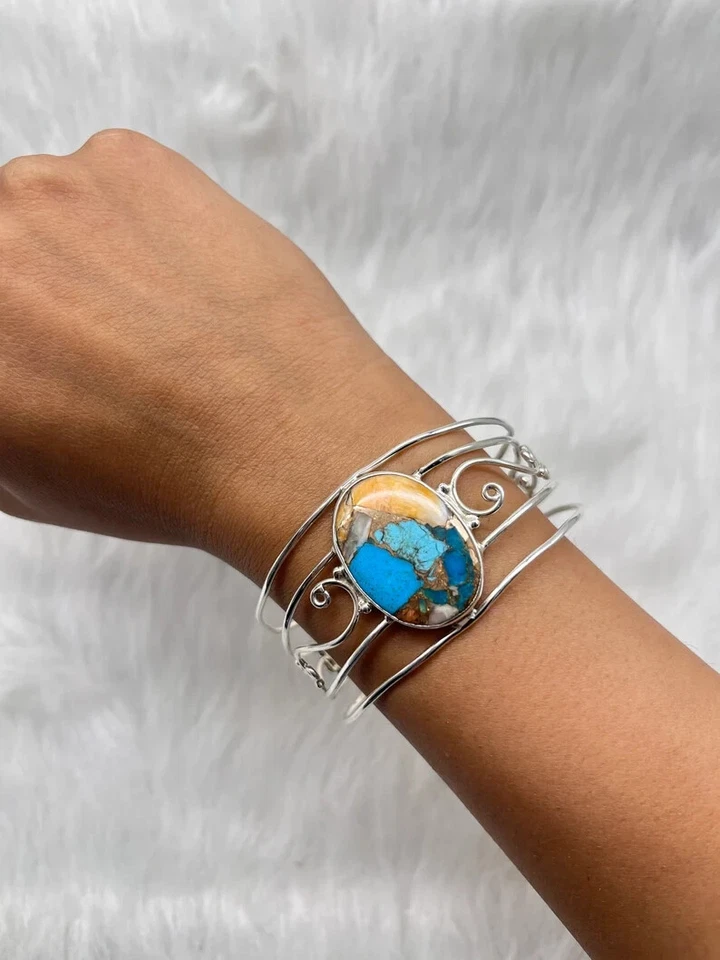 Oyster Copper Turquoise Gemstone 925 Sterling Silver Handmade Bracelet Cuff - Image 2 of 4