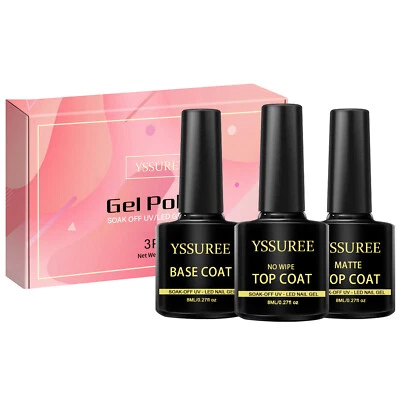 E-HOMEBESTBUY 3PCS No Wipe Top and Base Coat Gel Polish Set 3x8ml Soak Off UV LED Gel Nail