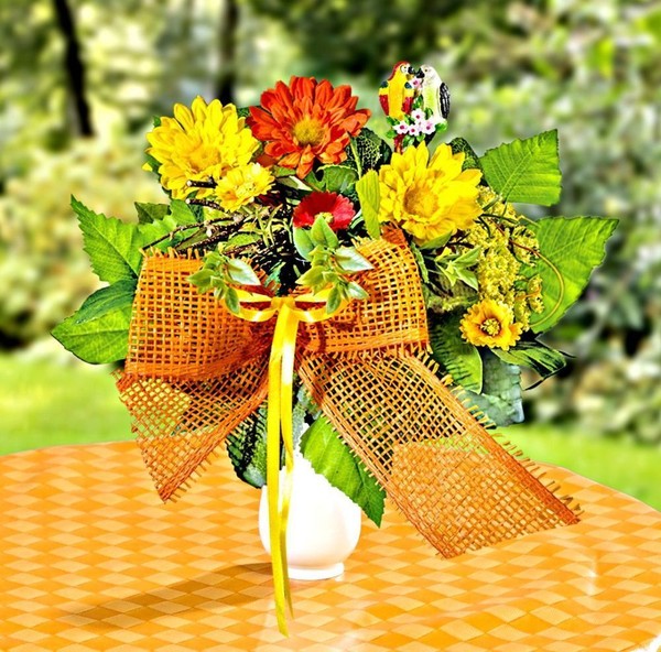 KüNstlicher Blumenstrauß Kunstblumen + Papageien, Kunst Tisch Deko BlüTen Strauß-image