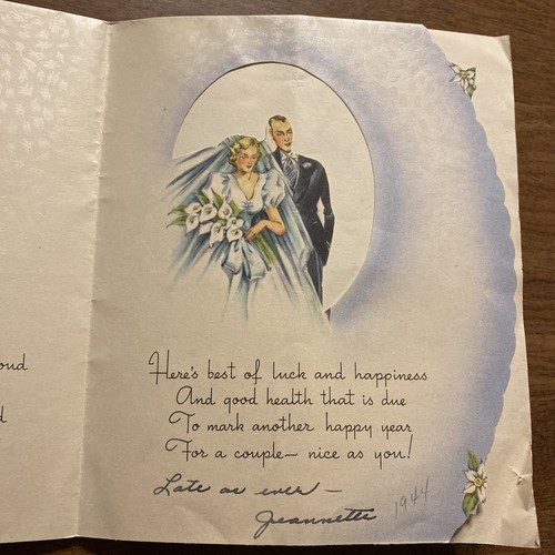 Tarjeta de felicitación vintage de feliz aniversario de los años 40 boda y campanas troqueladas P5c - Imagen 11 de 22