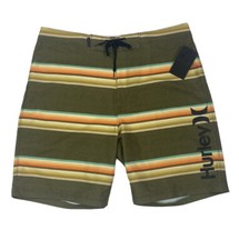 Hurley Mens Board Shorts Size 36 Drawstring Green Stripes 20" Length New