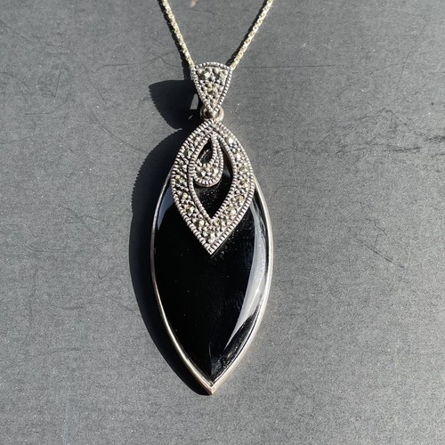 Oval Black Onyx Marcasite Sterling Silver Pendant On Chain FAS 925