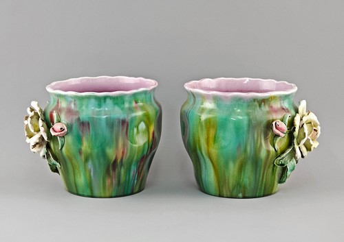 9345003-d Pair Majolika Cachepots Ceramics Plant Pots 1900 Art Nouveau - Picture 2 of 4