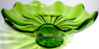 Vintage L.E. Smith Glass Console Compote Footed Bowl Simplicity Green 8'' D