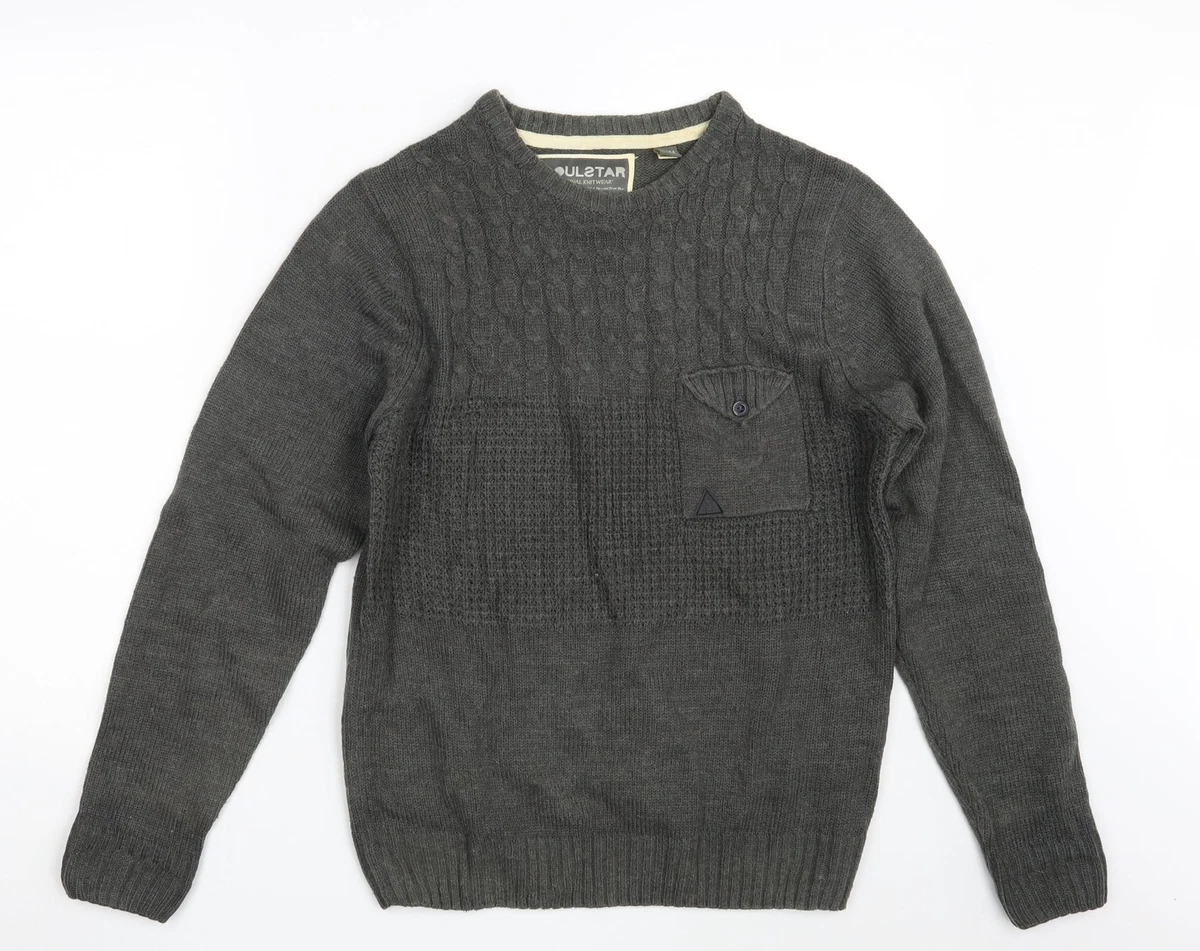 Soulstar Mens Grey Round Neck Acrylic Pullover Jumper Size M