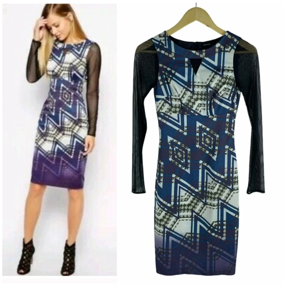 Платье-футляр Karen Millen с геометрическим зигзагообразным принтом сетчатое с длинным рукавом карандаш 2/4 - Изображение 4 из 4