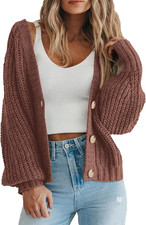Women'S Chunky Knit Open Front Sweater Long Sleeve Button Loose Short Cardigan O