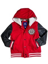 Champion Kids Hooded Red Black Varsity Jacket Size 6 Faux Leather Sleeves