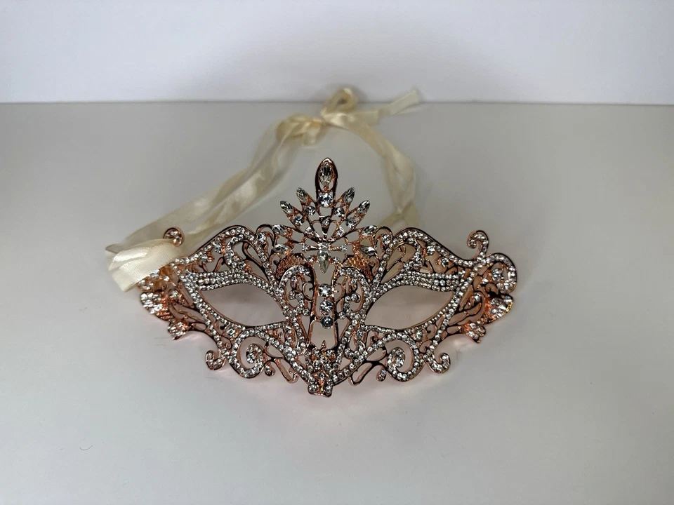 Rose Gold Rhinestone Masquerade Mask – Venetian Lace Metal Party Costume Ball - Image 2 of 4
