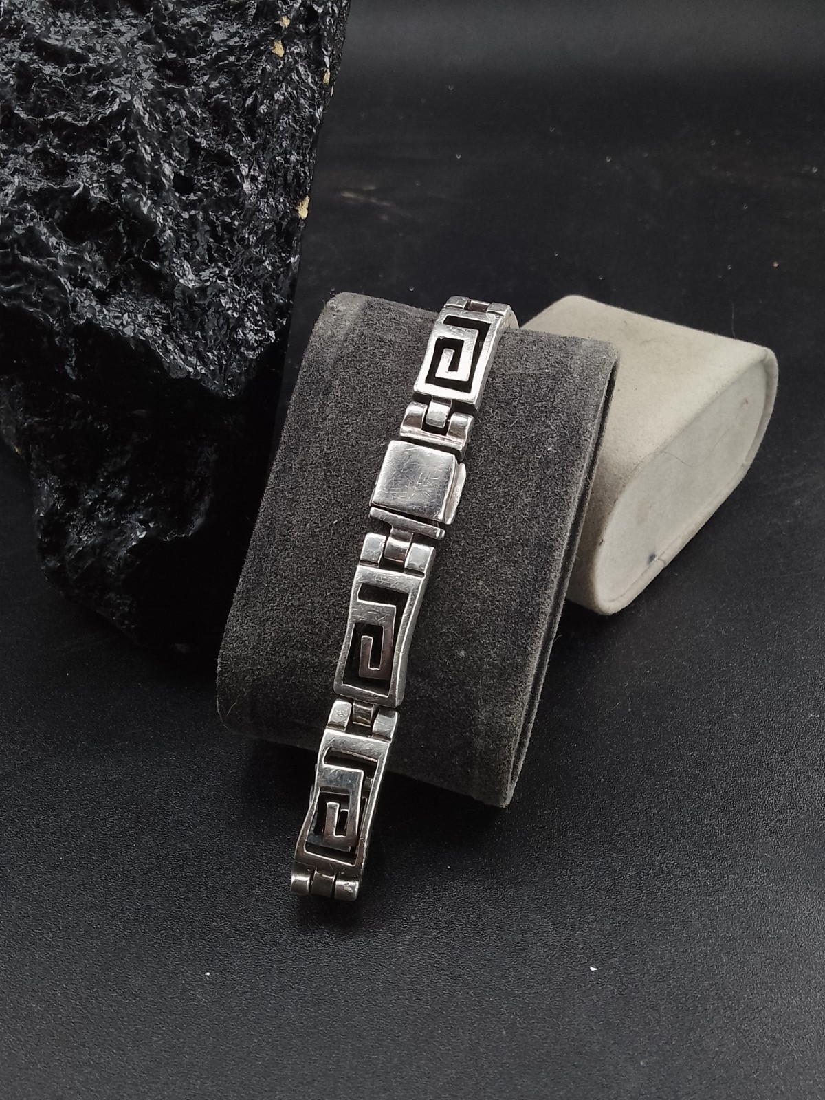 Mens Heavy Sterling Silver Greek Key Bracelet Snap Clasp 9", 45g. Taxco Vintage image 8