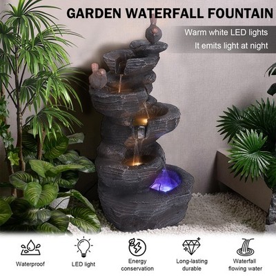 5-Tier Cascading Rock Water Fountain Outdoor Garden Waterfall with Lights USA