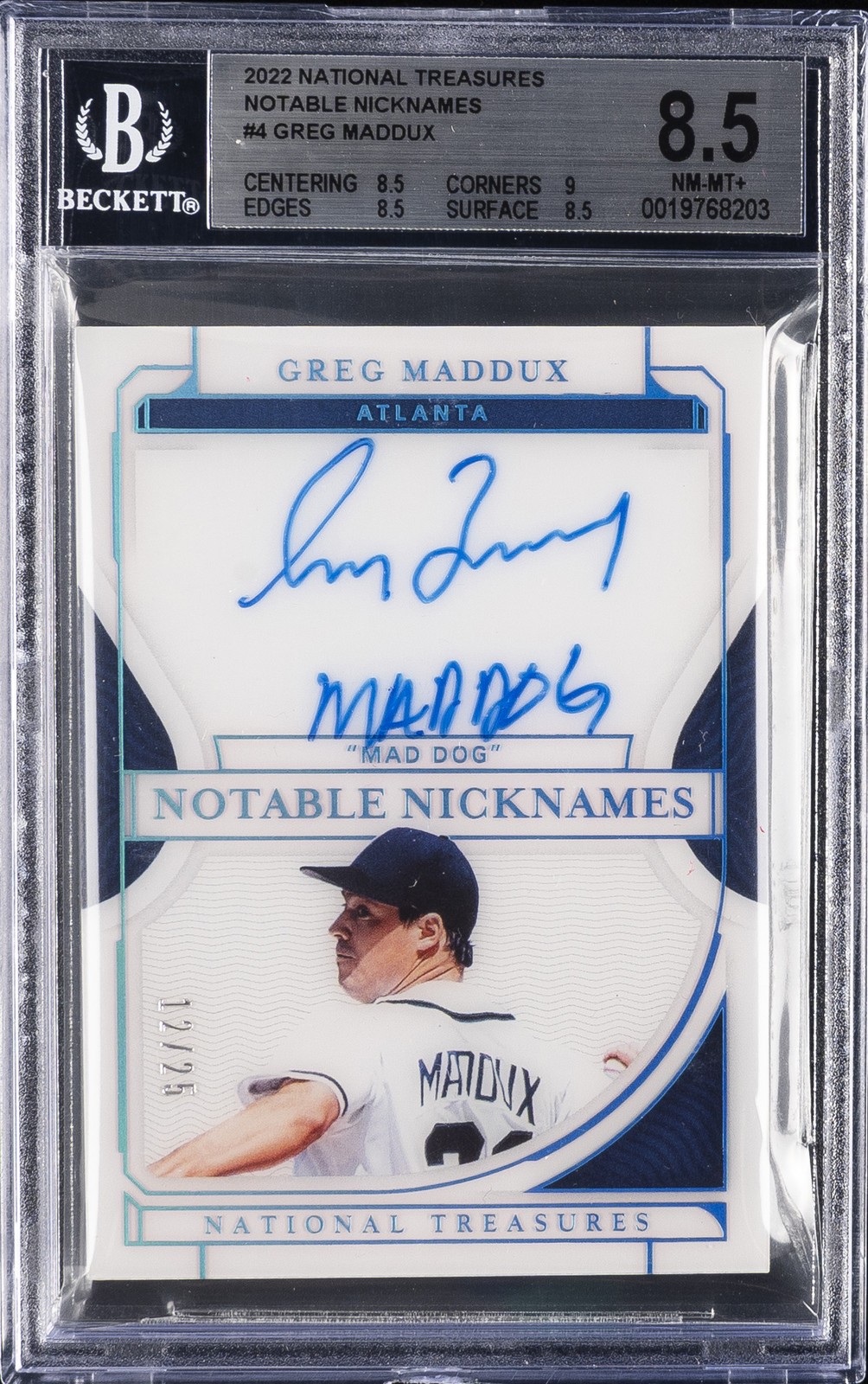 2022 NATIONAL TREASURES NOTABLE NICKNAMES #4 GREG MADDUX /25 BGS 8.5 AUTO