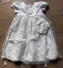 NWT Baby Girl White Christening Baptism Dress Bonnet Embroidered Tulle 24M
